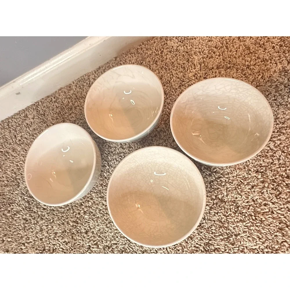 Pier 1 Checkerboard Stoneware Bowls Set of 4 Light Blue White Crackle Glaze 6.25